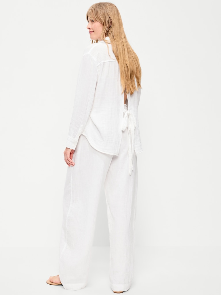 High-Waisted Crinkle Gauze Barrel Ankle Pants