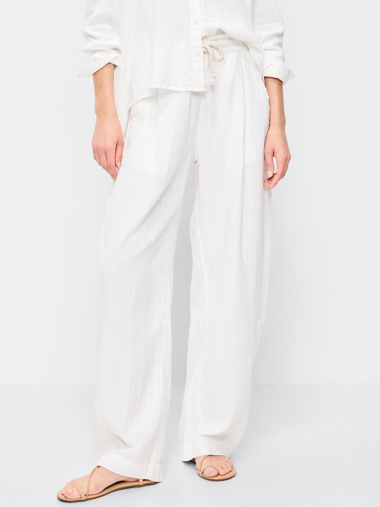 High-Waisted Crinkle Gauze Barrel Ankle Pants