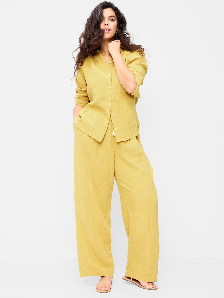 High-Waisted Crinkle Gauze Barrel Ankle Pants