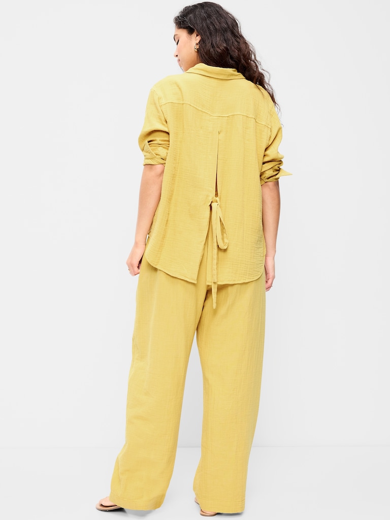 High-Waisted Crinkle Gauze Barrel Ankle Pants