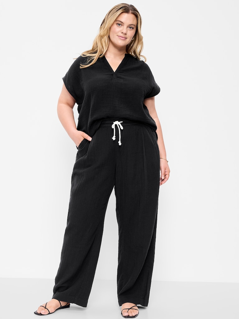 High-Waisted Crinkle Gauze Barrel Ankle Pants