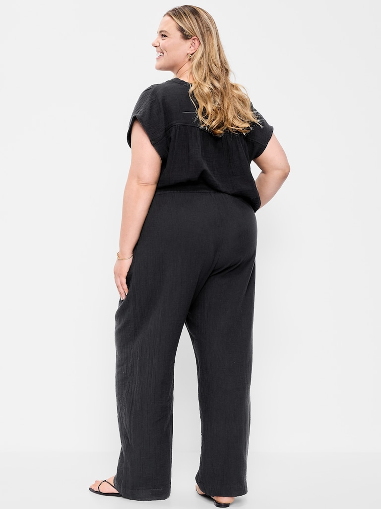 High-Waisted Crinkle Gauze Barrel Ankle Pants