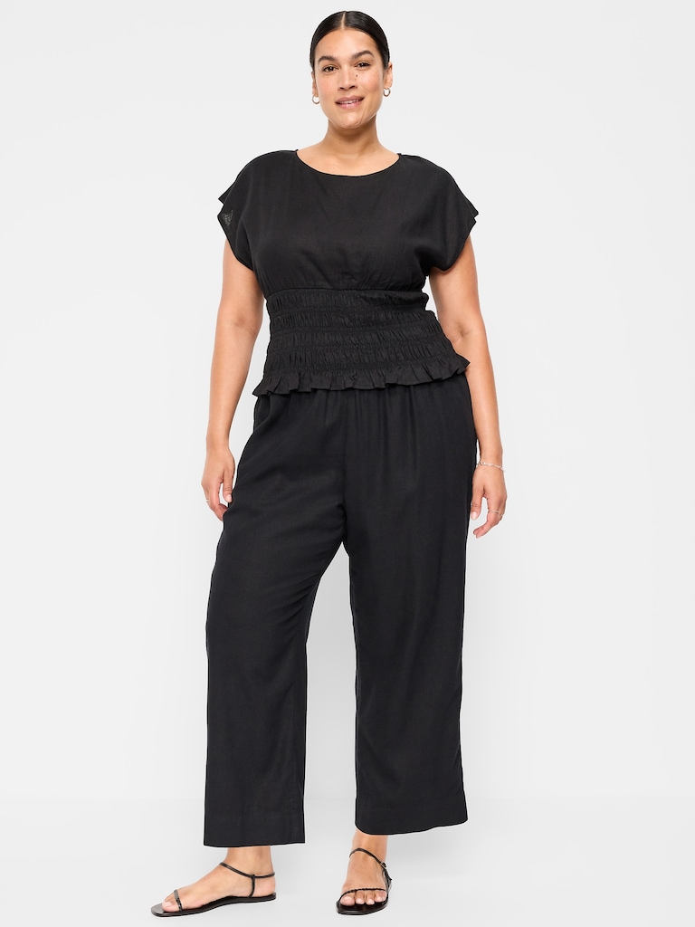 High-Waisted Linen-Blend Straight Ankle Pants