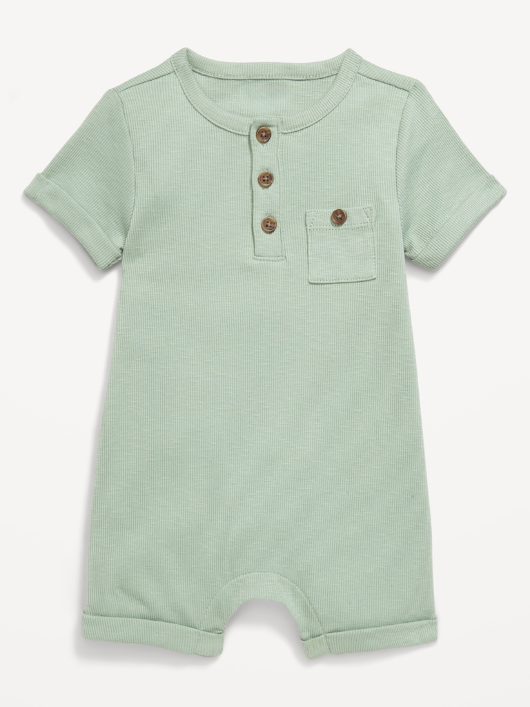 Printed Ribbed Henley Pocket One-Piece Romper for Baby