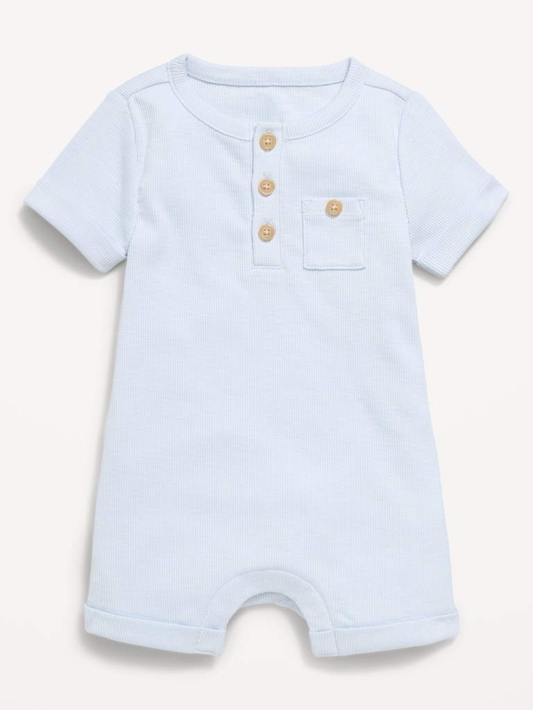 Printed Ribbed Henley Pocket One-Piece Romper for Baby