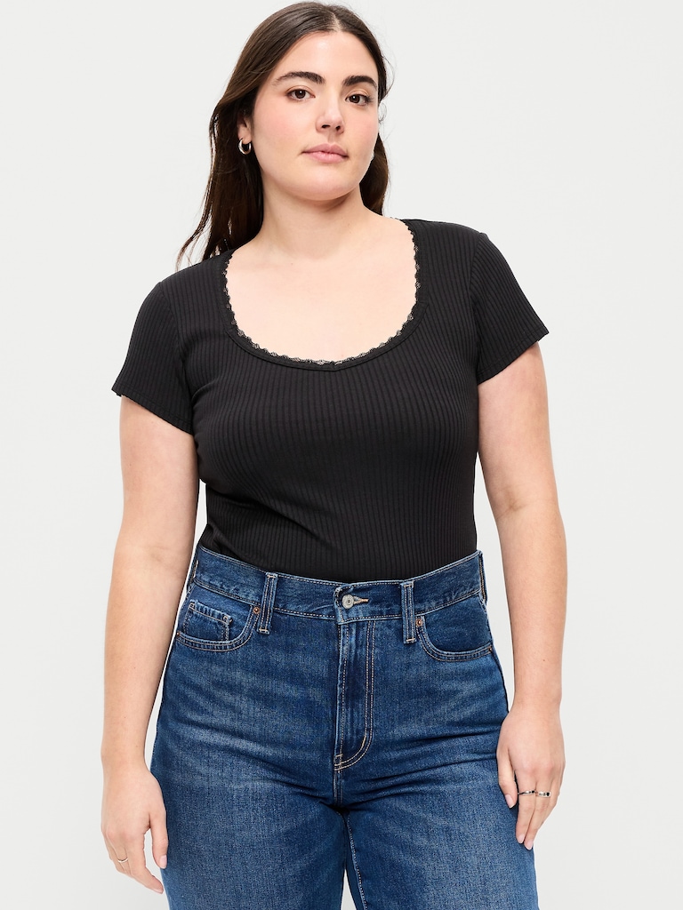 Lace-Trim Sweetheart-Neck Ribbed Top
