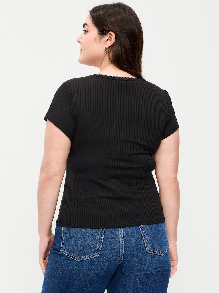 Lace-Trim Sweetheart-Neck Ribbed Top