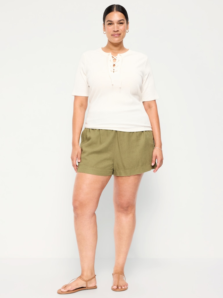 High-Waisted Beach Linen Pull-On Shorts