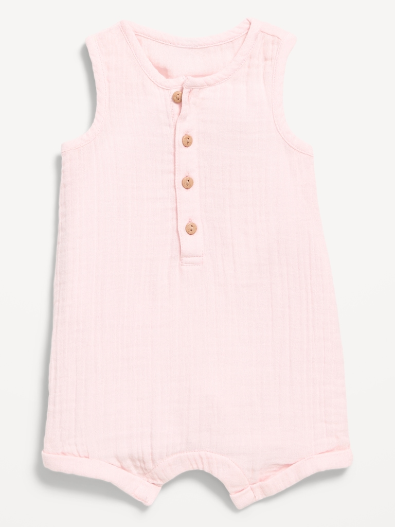 Sleeveless Double-Weave Henley One-Piece Romper for Baby