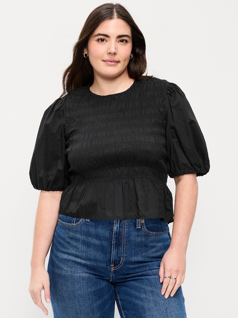 Puff Sleeve Peplum Smocked Top