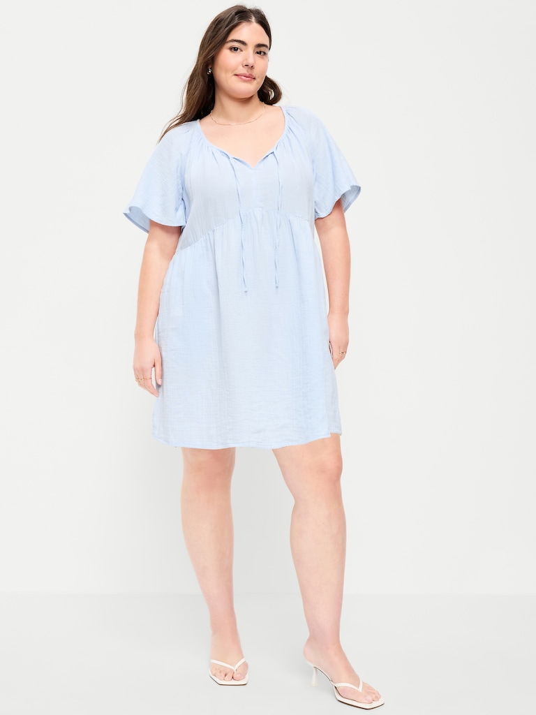 Crinkle Gauze Flutter-Sleeve Mini Swing Dress