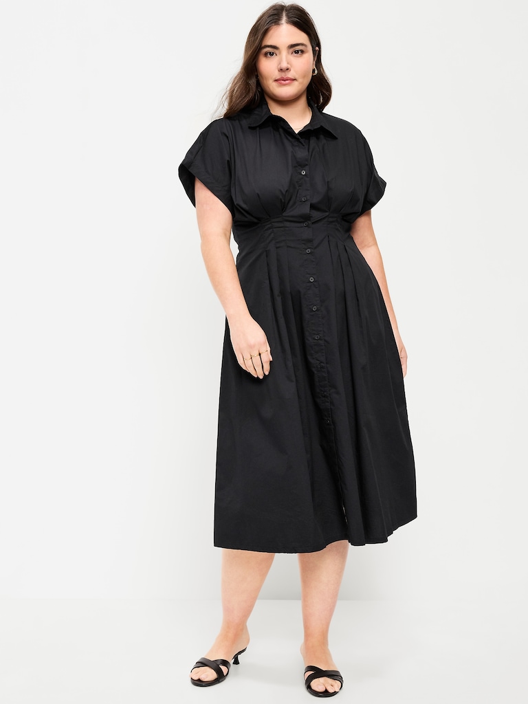 Pintuck-Waist Midi Shirt Dress