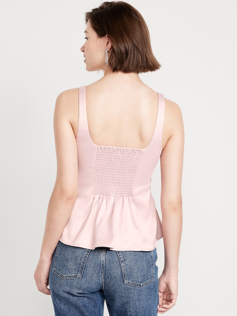 Square-Neck Satin Peplum Top