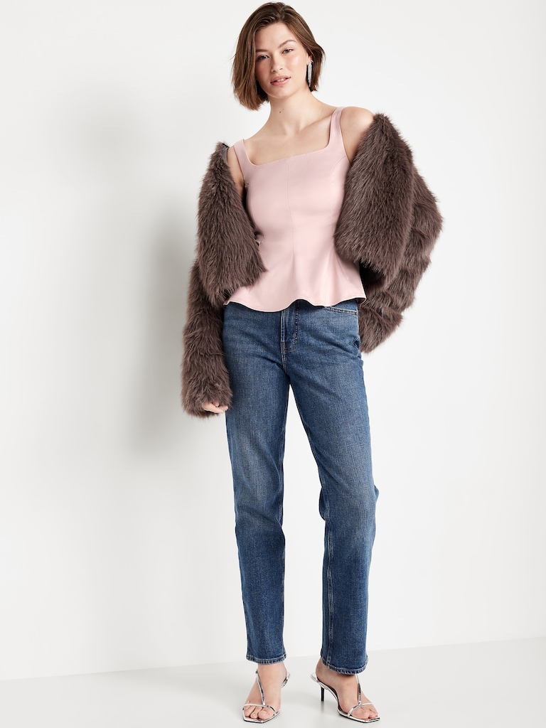 Square-Neck Satin Peplum Top