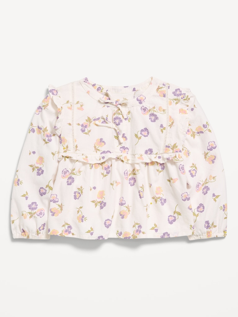Long-Sleeve Crinkle Lace-Trim Top for Toddler Girls