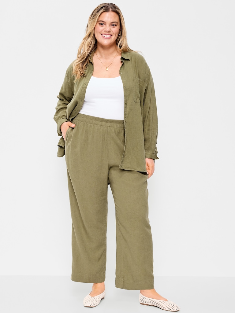 High-Waisted Linen-Blend Straight Ankle Pants