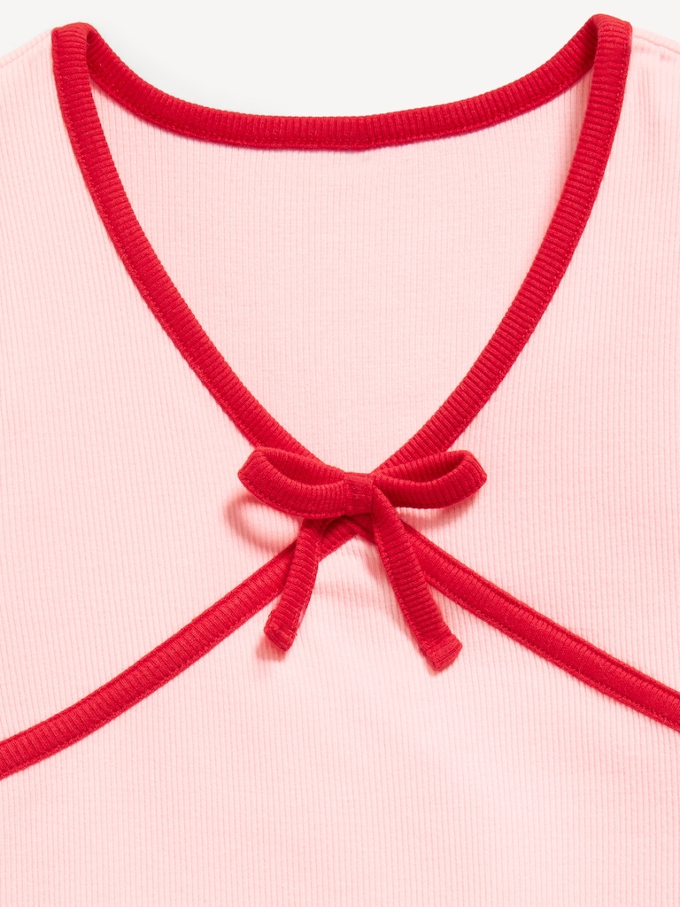 Fitted Short-Sleeve Ribbed Bow Top for Girls