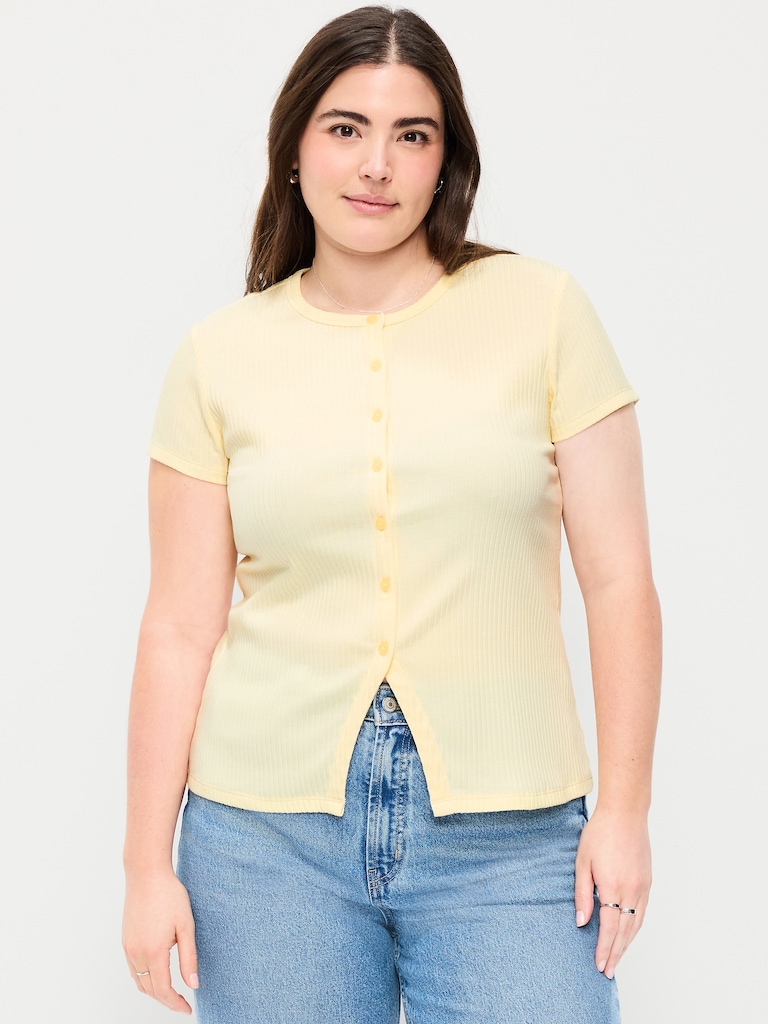 Short-Sleeve Ribbed Button-Down Top