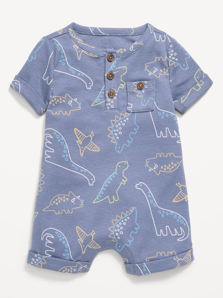 Printed Ribbed Henley Pocket One-Piece Romper for Baby
