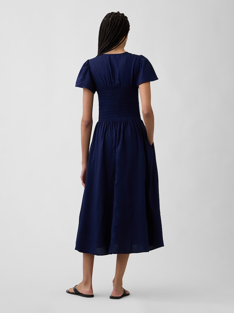 Smocked Flutter Sleeve Midi Dress