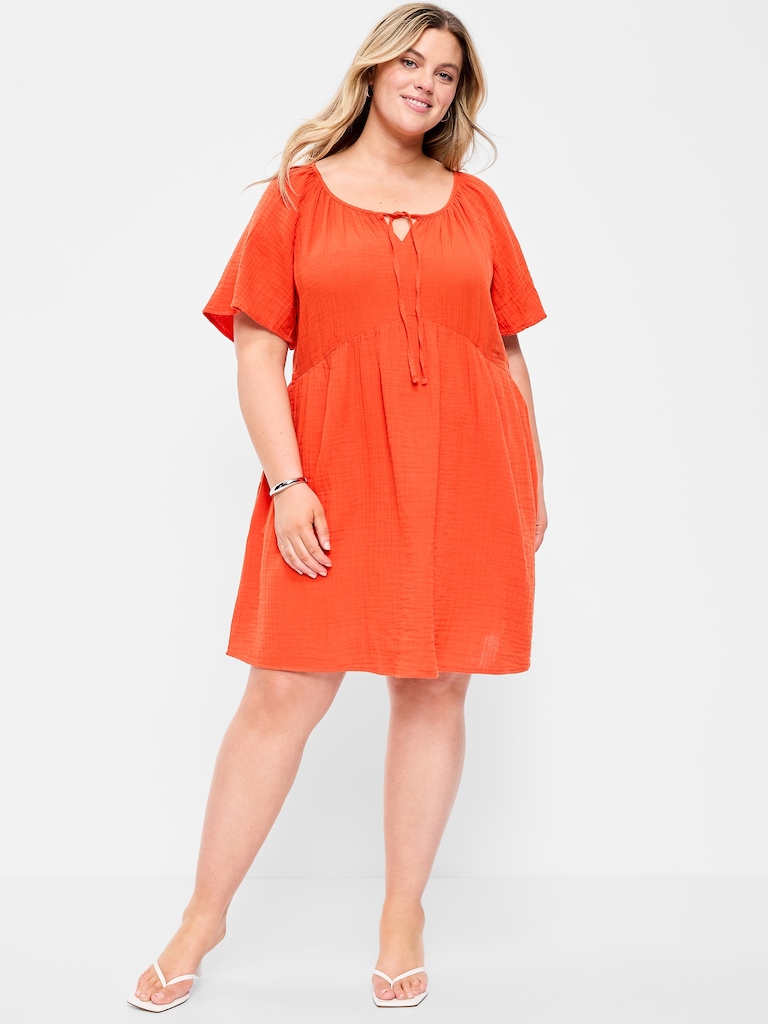 Crinkle Gauze Flutter-Sleeve Mini Swing Dress