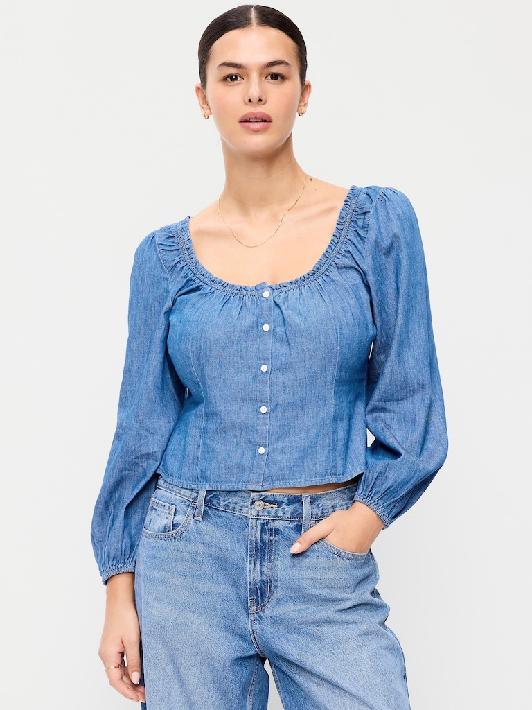Long-Sleeve Button-Down Jean Top