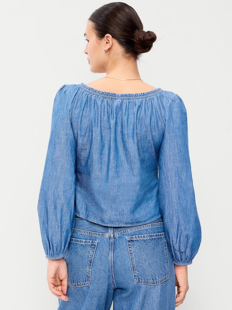 Long-Sleeve Button-Down Jean Top