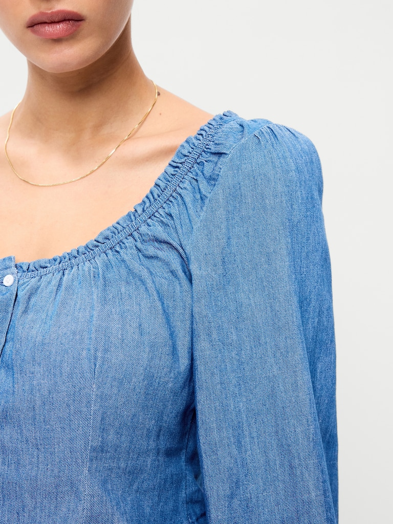 Long-Sleeve Button-Down Jean Top