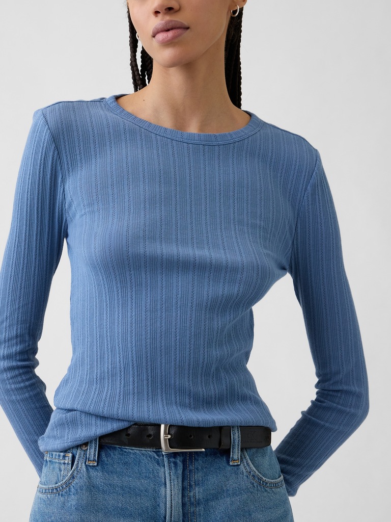 Ribbed Pointelle Crewneck T-Shirt