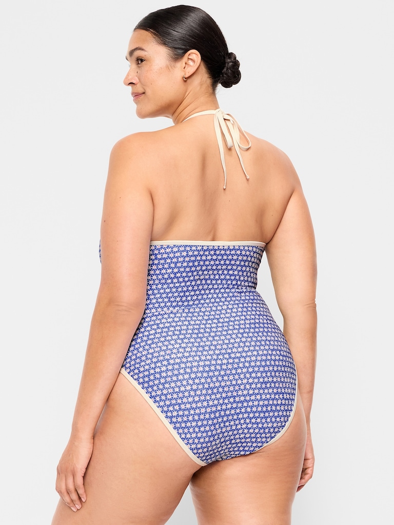 Pique V-Neck Halter Swimsuit