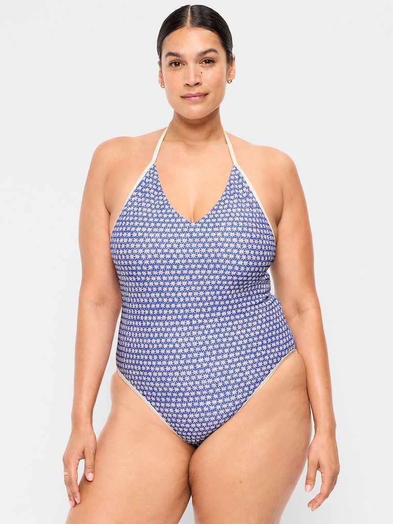 Pique V-Neck Halter Swimsuit