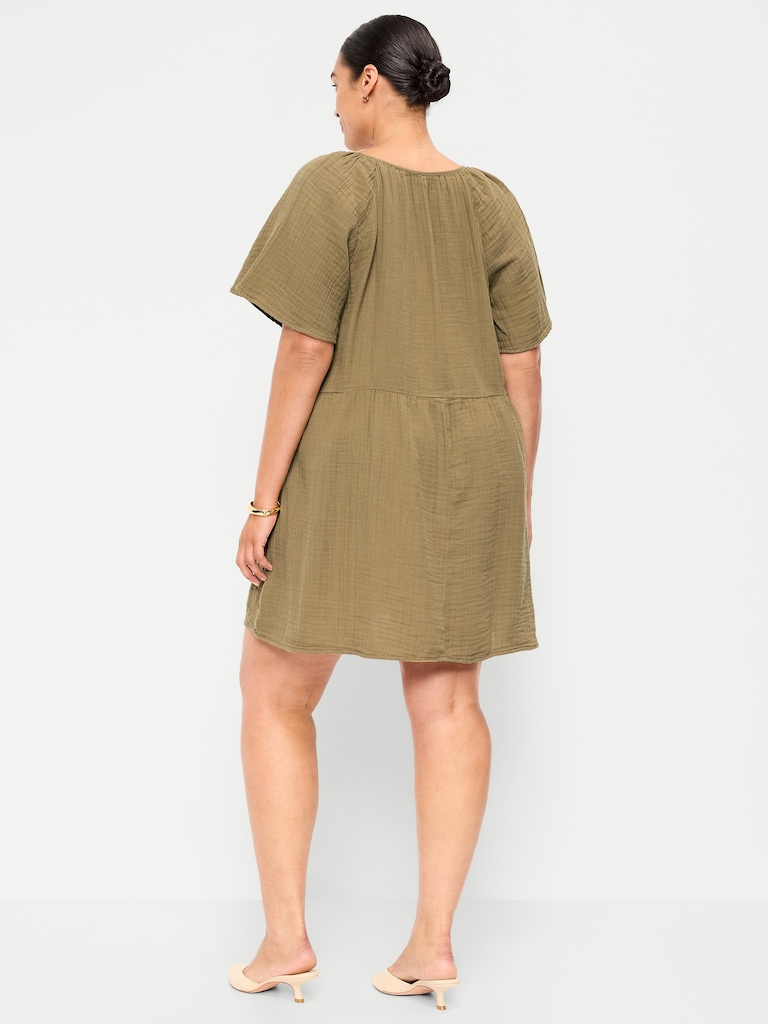 Crinkle Gauze Flutter-Sleeve Mini Swing Dress