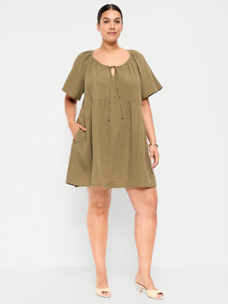 Crinkle Gauze Flutter-Sleeve Mini Swing Dress