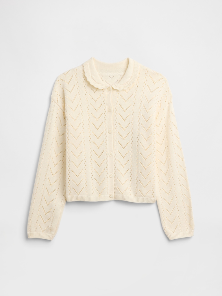 Kids Relaxed Pointelle Collared Cardigan