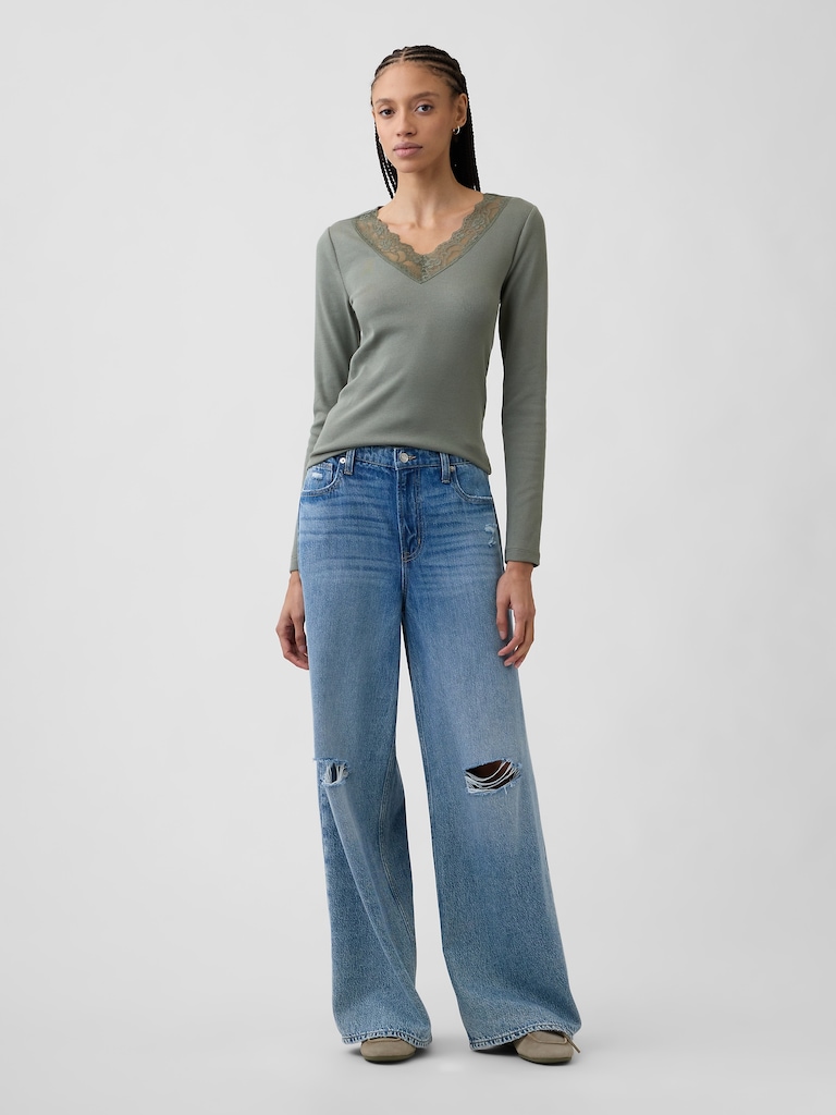 Ribbed Lace-Trim Top