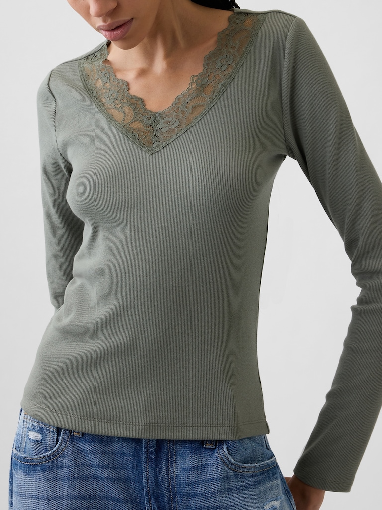 Ribbed Lace-Trim Top