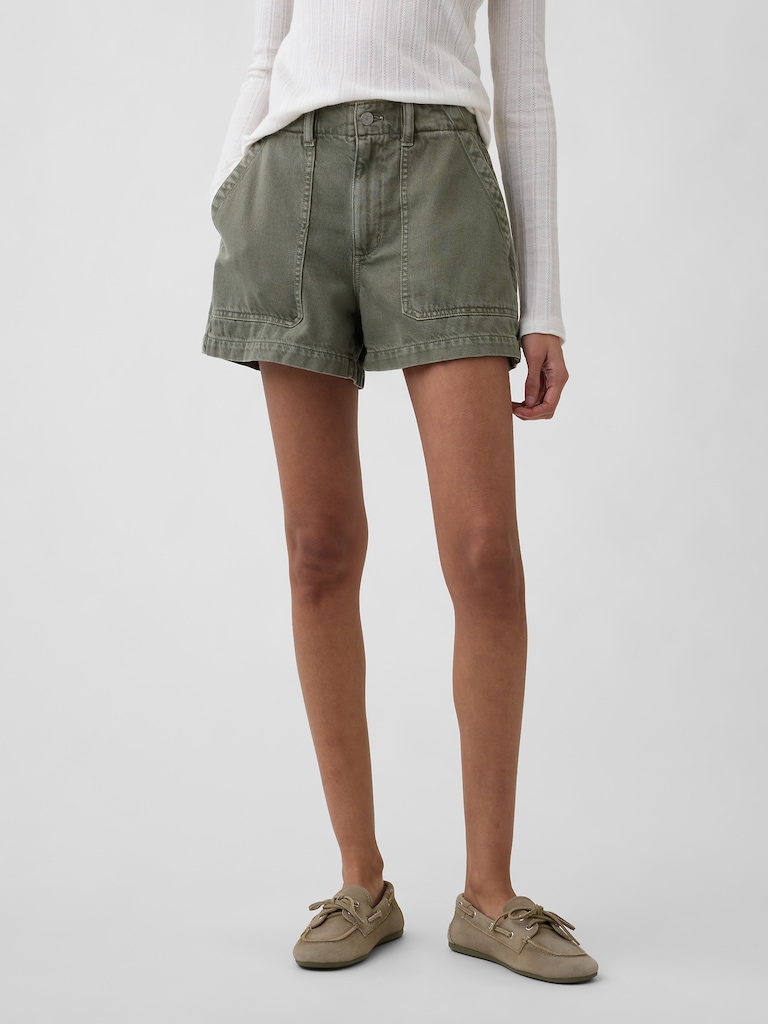 4" High Rise Denim Utility Shorts