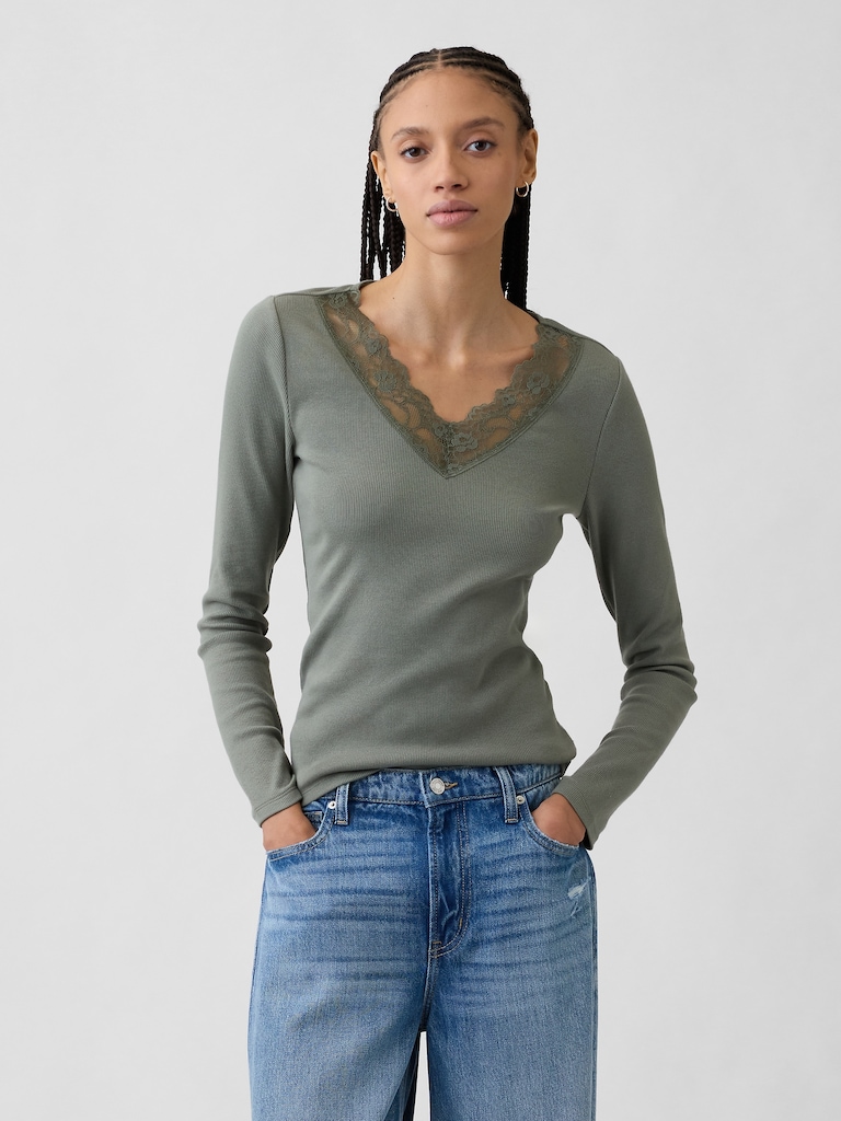 Ribbed Lace-Trim Top
