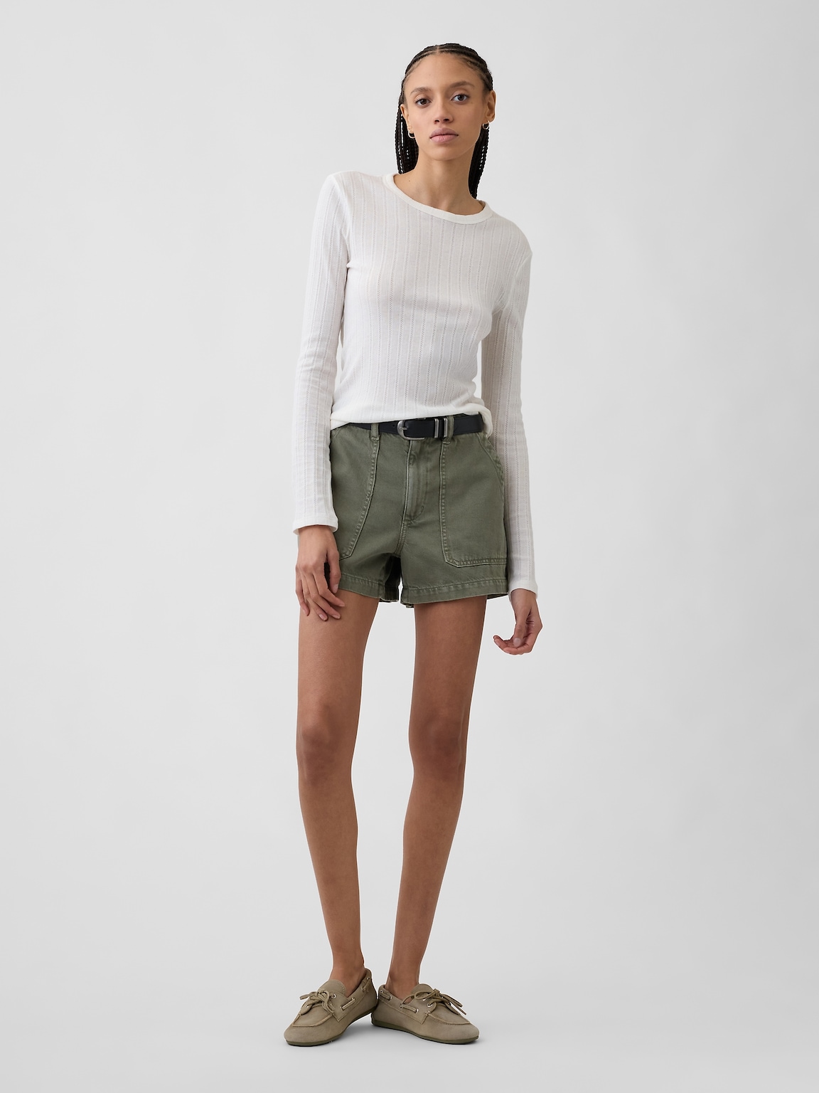 4" High Rise Soft Denim Utility Shorts