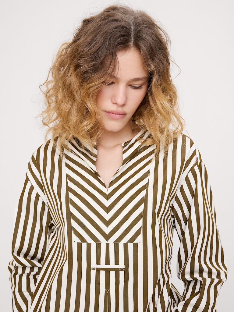 Cotton Poplin Popover Top with Rolled Cuffs