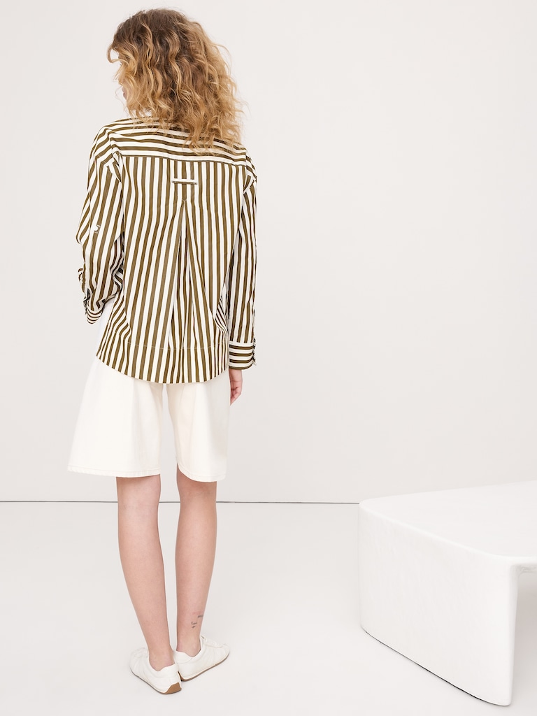 Cotton Poplin Popover Top with Rolled Cuffs