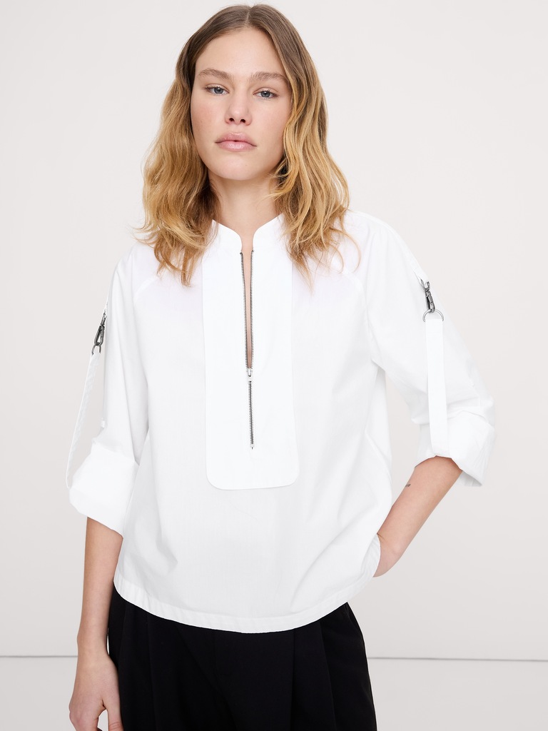 Cotton Poplin Zip Popover Top
