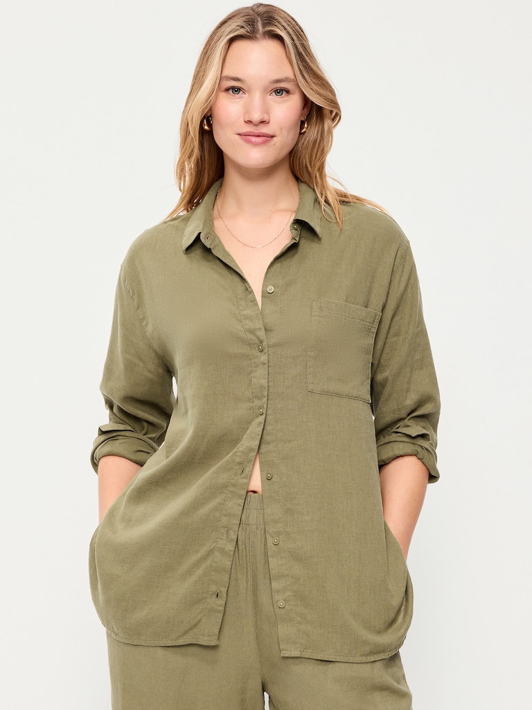 Linen-Blend Loose Button-Down Shirt