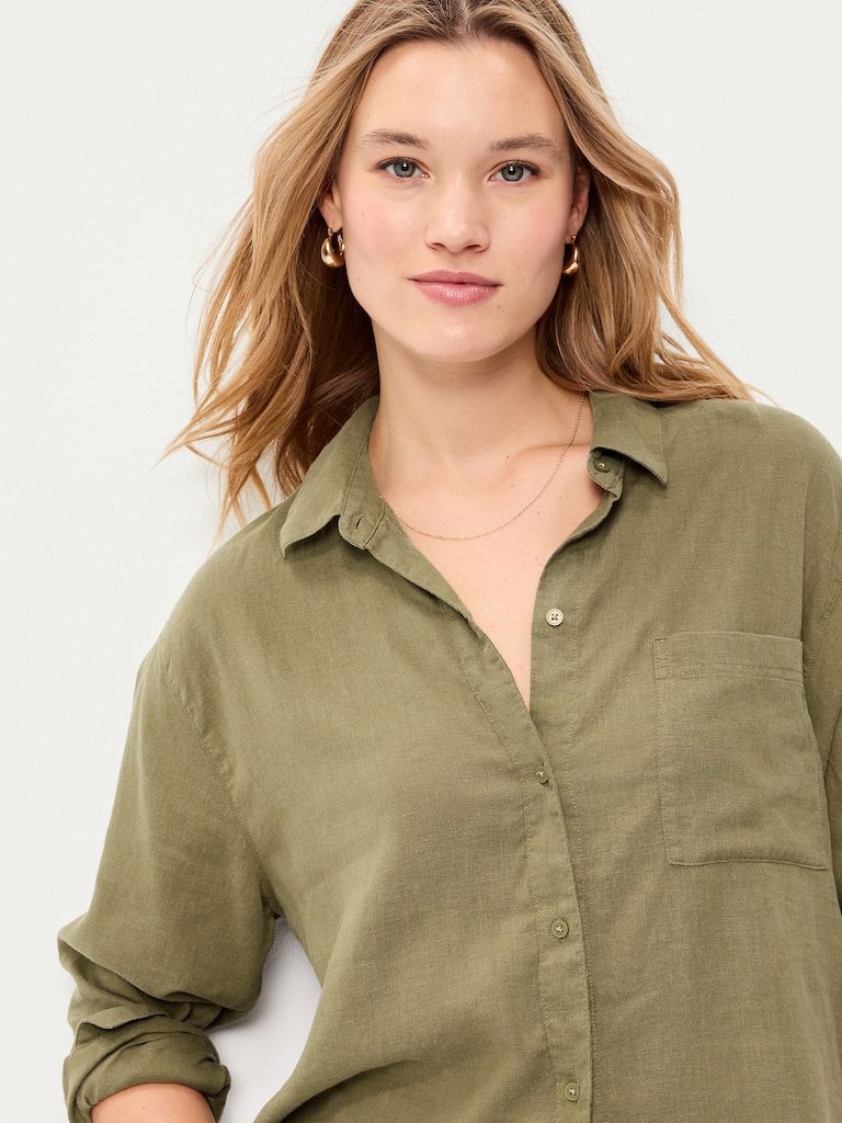 Linen-Blend Loose Button-Down Shirt