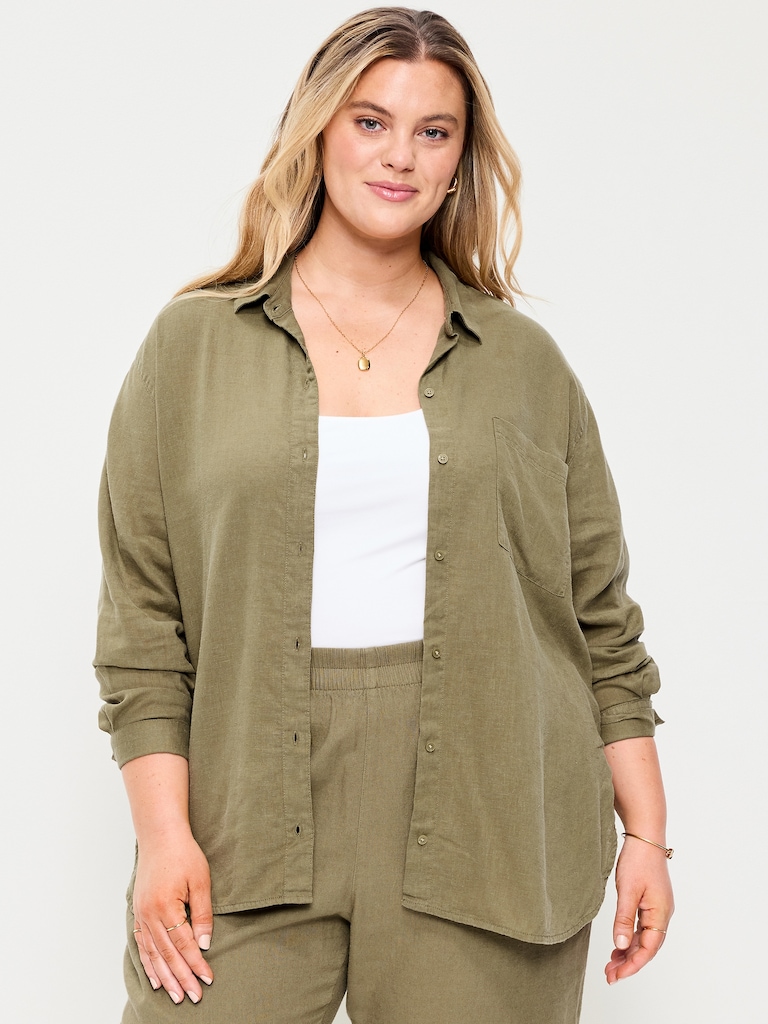 Linen-Blend Loose Button-Down Shirt