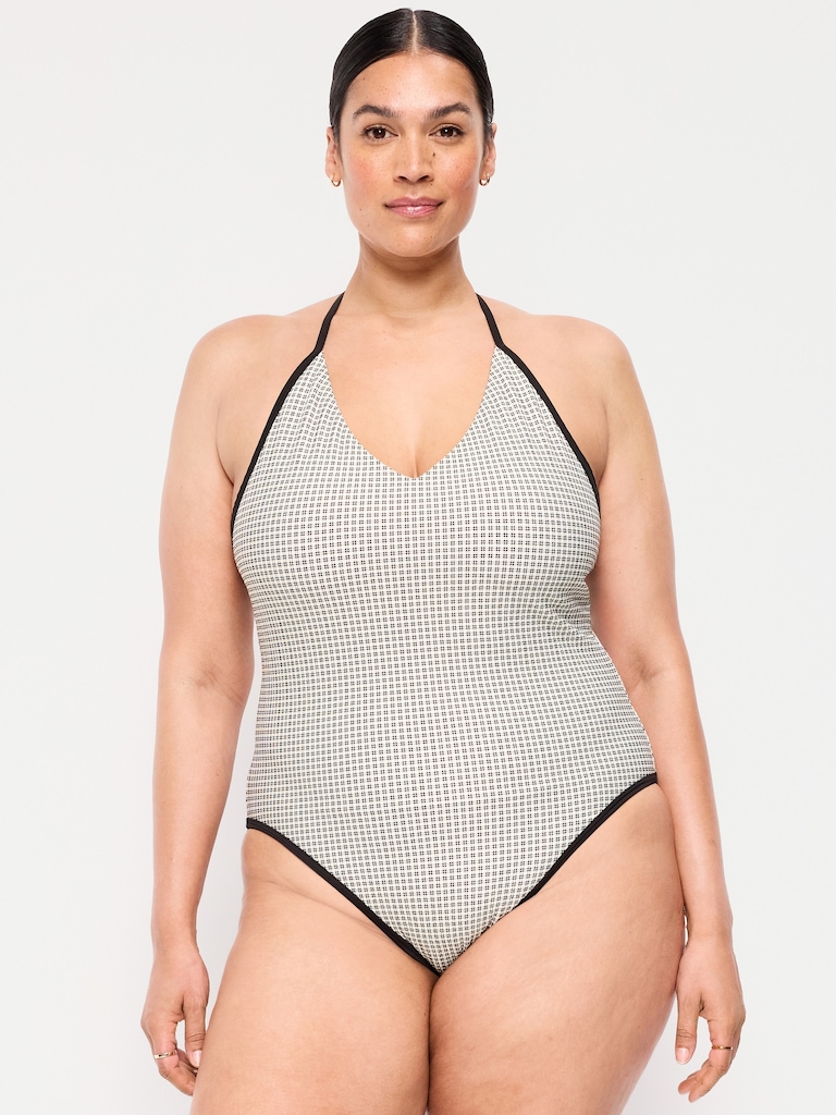Pique V-Neck Halter Swimsuit