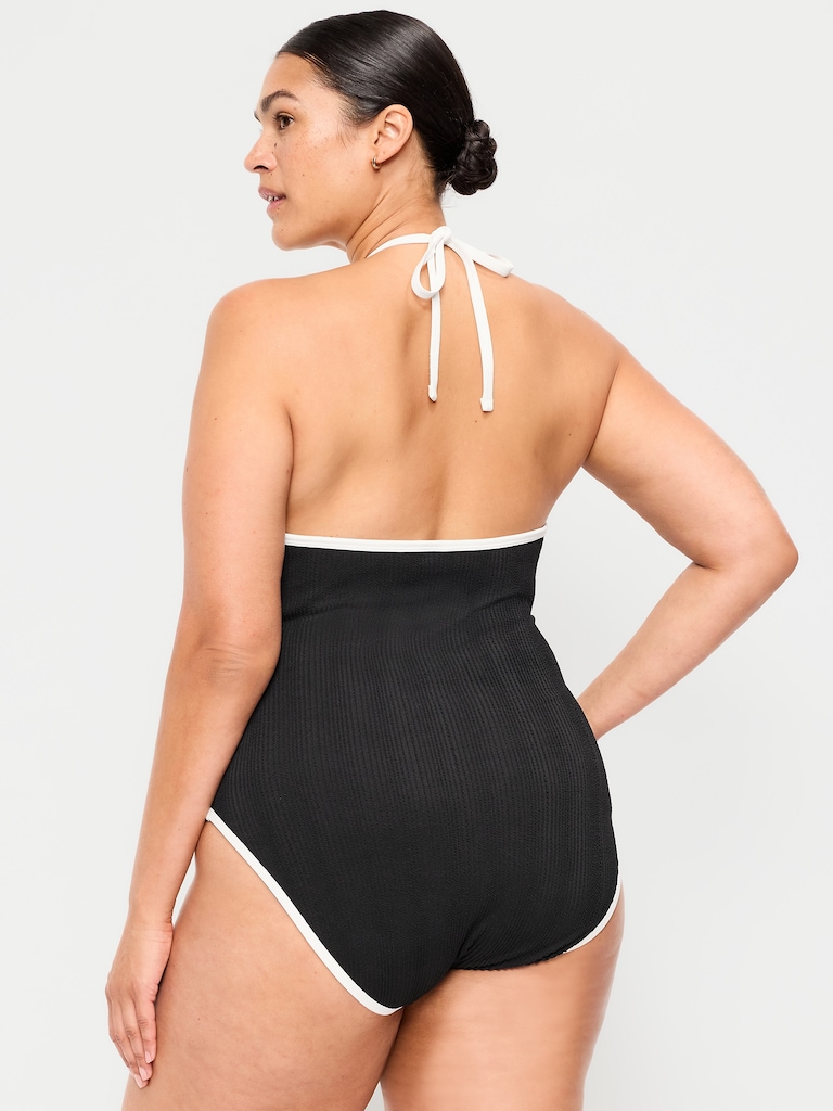 Ribbed V-Neck Halter One-Piece Swimsuit