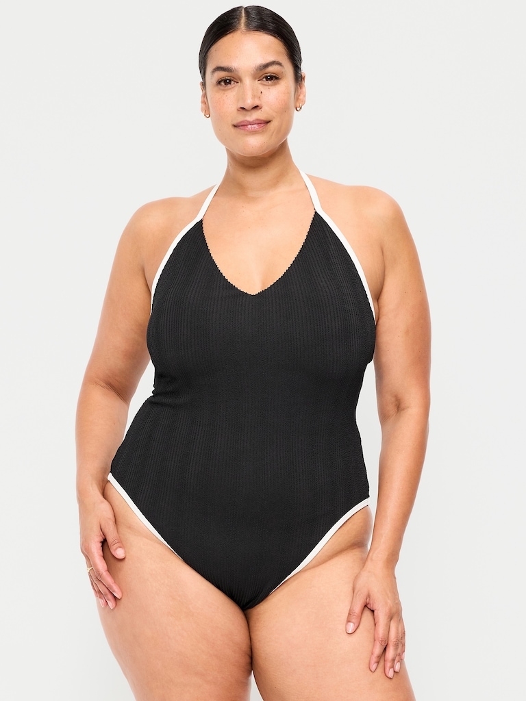 Ribbed V-Neck Halter One-Piece Swimsuit