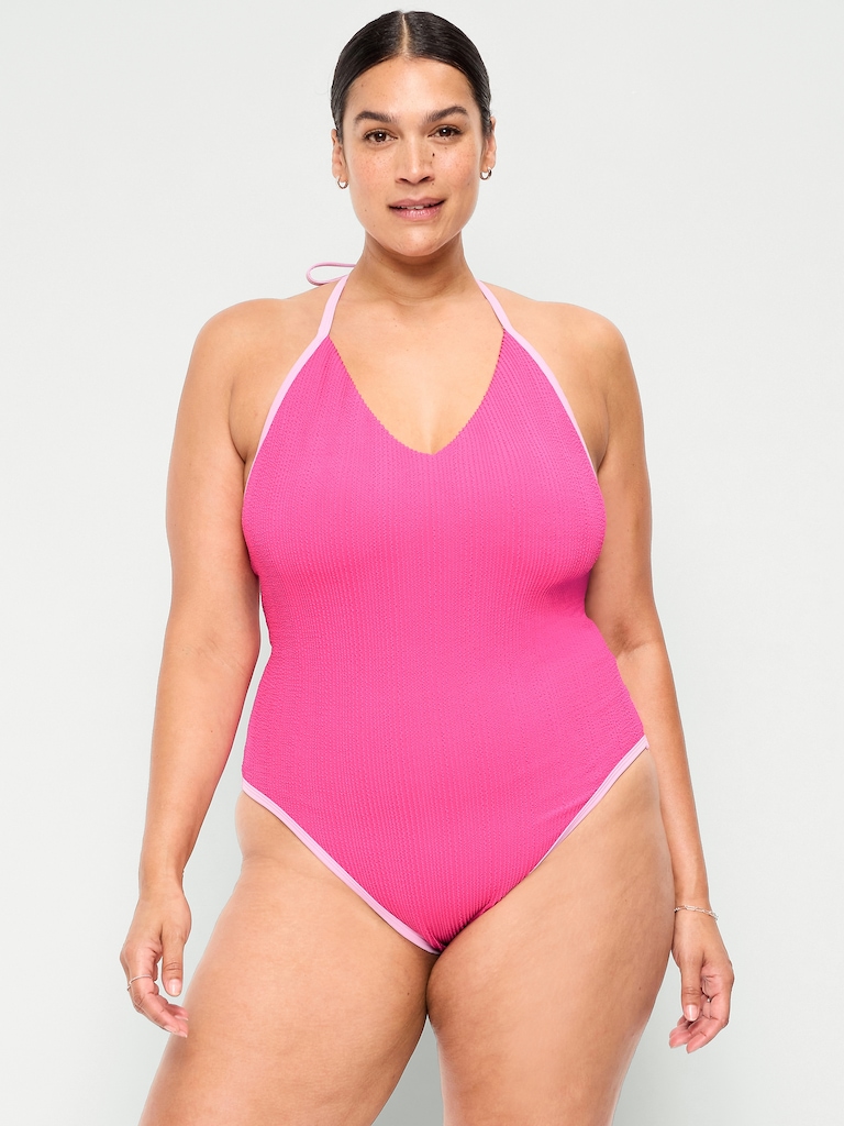 Ribbed V-Neck Halter One-Piece Swimsuit