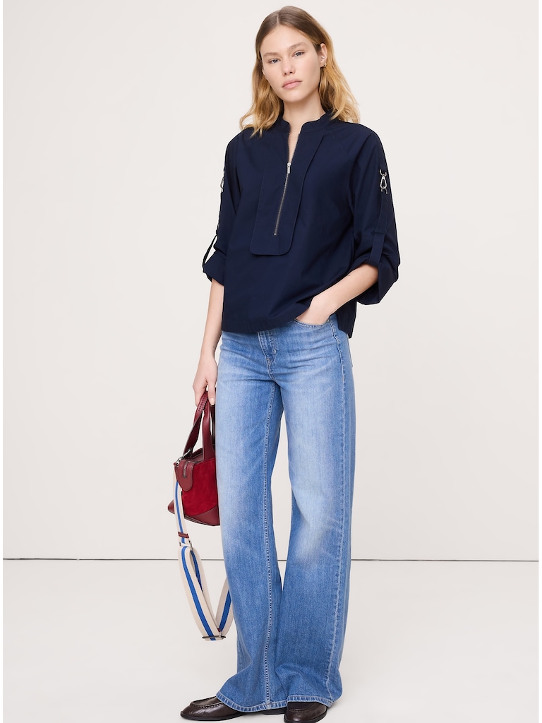 Cotton Poplin Zip Popover Top